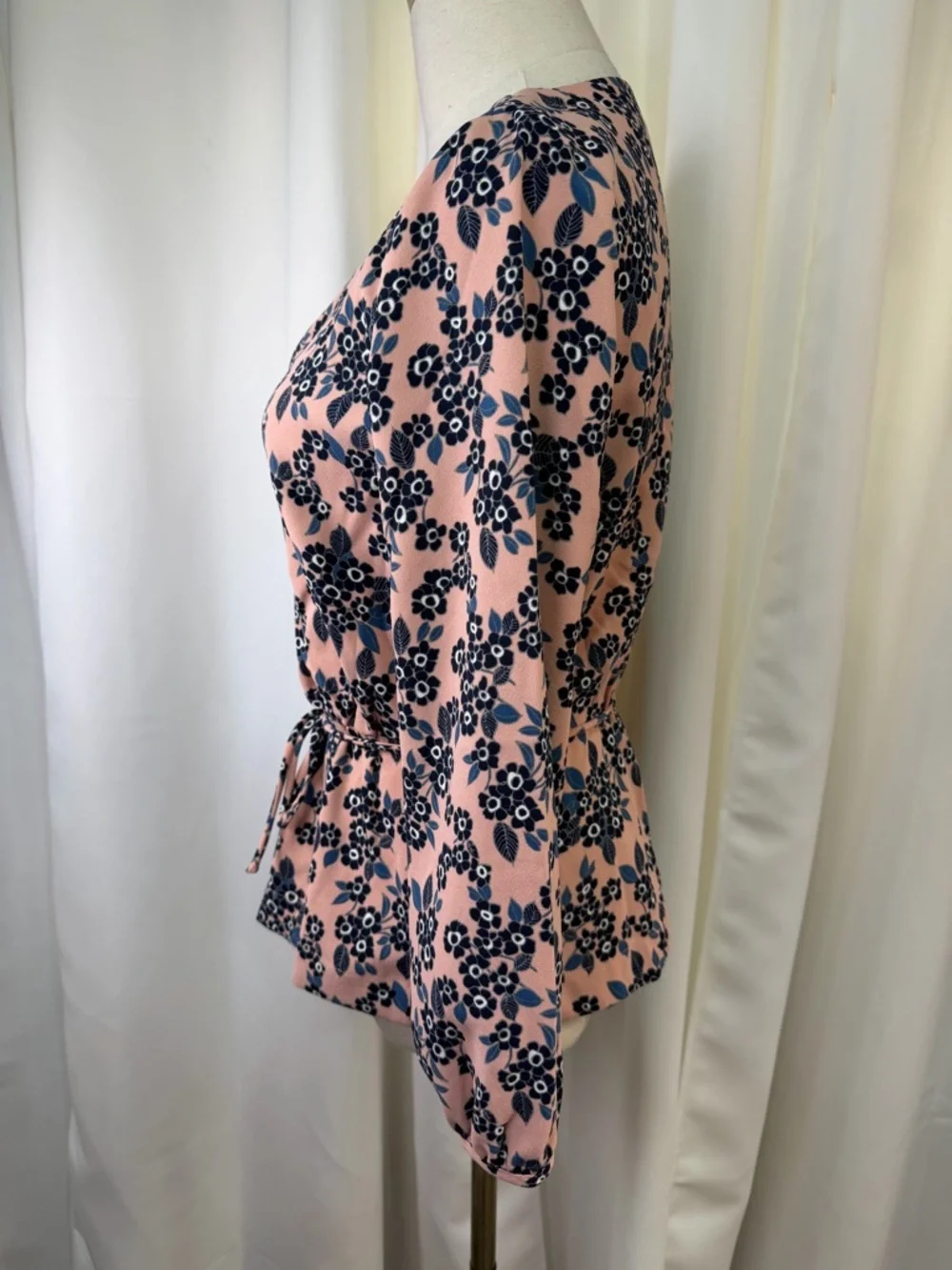 J. Crew Pink & Blue Floral Print Faux Wrap Crepe Blouson Sleeve Blouse Size 4